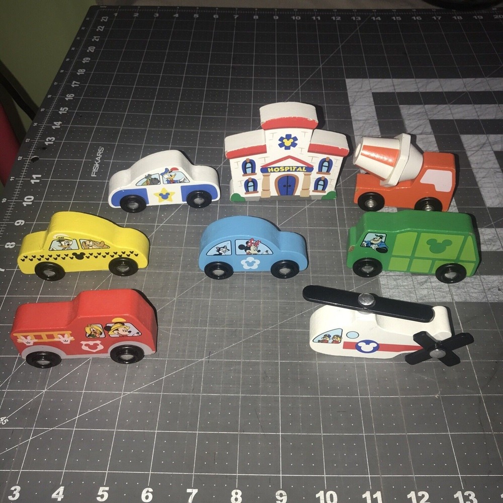 Disney Melissa & Doug Wooden Hospital Police Car Fire Cement Helicopter Taxi